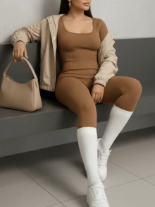 1pc Women Plus Size Seamless Slimming Waist Shaper Bodysuit, Long Sleeve & Pants, Thermal Insulation Summer - Brown - View 3
