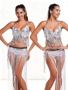 Sequined And Tassel Belly Dance Costume Set, Sexy V-Neck Performance Top + Tassel Hip Scarf Waist Embellishment, Adult Stage Performance Costume (Multiple Colors Available). - Multicolor - View 11