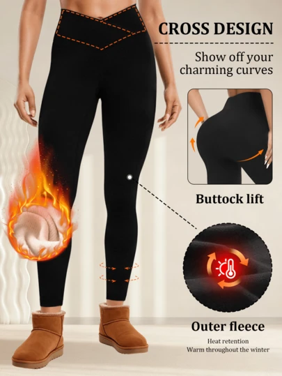 女士高腰交叉条纹时尚纯色日常休闲保暖加厚高腰Dralon打底裤，健身保暖加厚打底裤柔软瑜伽裤，Dralon裤