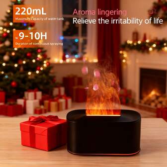 1个火焰效果超声波加湿器 - 香薰精油扩散器，7色LED灯光香薰机，USB供电，卧室氛围营造，小巧设计，兼容多种精油，自动关机，圣诞礼物