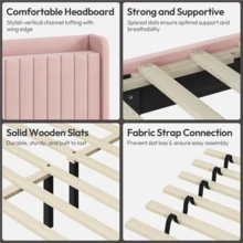 Butterslay Elegant Velvet Bed Frame With Charging Station, Platform Bed Frame With Upholstered Headboard, Wood Slat Support, Pink/Beige, Queen/Full Size - 粉色 - 查看 4