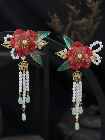 1个/2个新款优雅红色珍珠蕾丝发夹，适用于汉服头饰，赤丹花叶图案发夹，1厘米中国风发饰，可插入式汉服旗袍发夹，长蕾丝，永久金属色，易于使用 - 高品质设计，简约优雅，合金材质，易于使用，不刺激头皮，时尚百搭