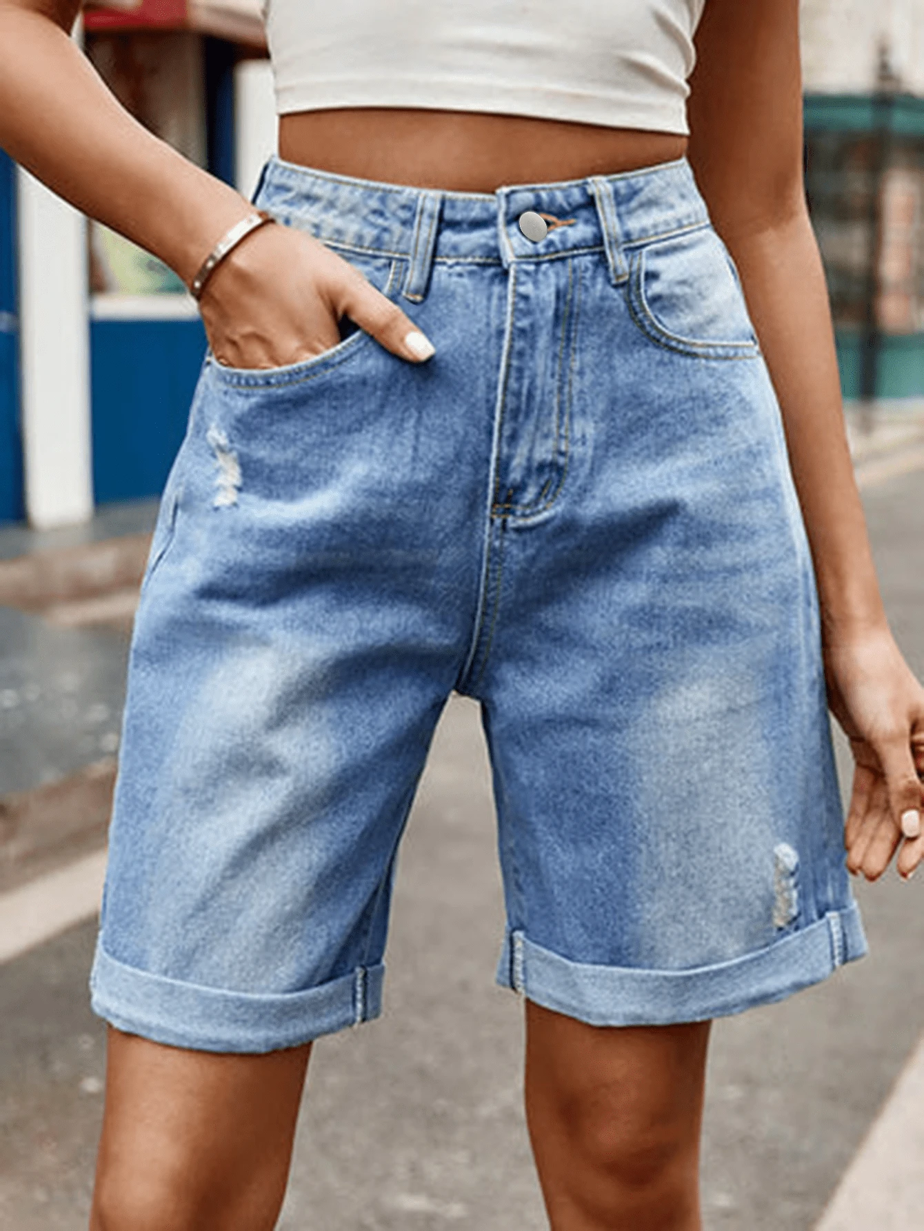 Ney Style Women's Casual Distressed Denim Shorts - Relaxed Fit, Ripped, And Wash Effect - Light Wash - View 1