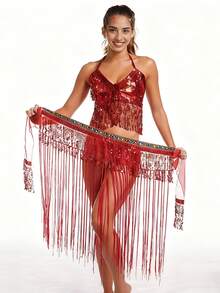 Sequined And Tassel Belly Dance Costume Set, Sexy V-Neck Performance Top + Tassel Hip Scarf Waist Embellishment, Adult Stage Performance Costume (Multiple Colors Available). - Multicolor - View 4