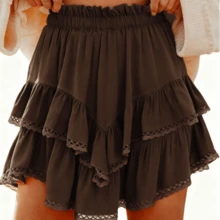 Women's Summer Skorts Casual Layered Ruffles Solid High Waist Mini Skirts With Shorts - 棕色 - 查看 1