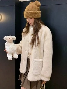 [Y6Y] Women's Fashionable Thermal Lined Long Sleeve Jacket, Small Round Collar Design, Regular Length, Suitable For Autumn/Winter Everyday Wear