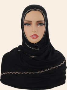 1pc Women's Autumn/Winter Rhinestone Embellished Solid Color Jersey Soft Headscarf, Arabic Style Casual Long Scarf, Conservative Plain Headwrap, Suitable For Daily Use