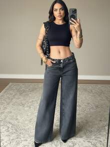 Women's Wide Leg Jeans, Graphite Color - Dark Wash - View 1