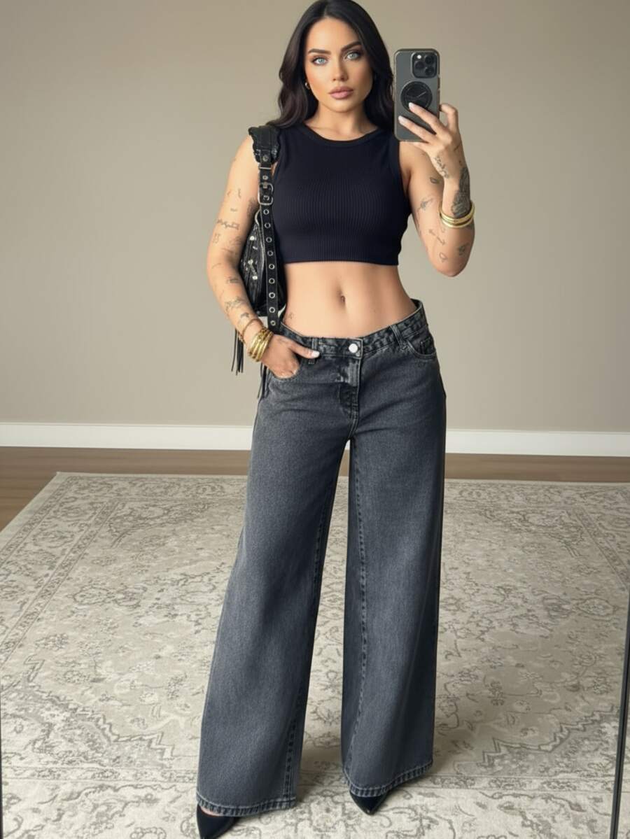 Women's Wide Leg Jeans, Graphite Color - Dark Wash - View 1