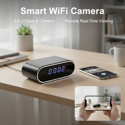 Tragbare 2-in-1-Digitaluhr mit Kamera, 1080P FHD WLAN-Kamera, Fernzugriff über WLAN und Hotspot, lokale Aufzeichnung auf SD-Karte (nicht im Lieferumfang enthalten), 2600-mAh-Akku, Nachtsicht, Bewegungserkennung, ideal für Smart Home, geeignet für Zuhause, Büro, Hotel und Geschäft.