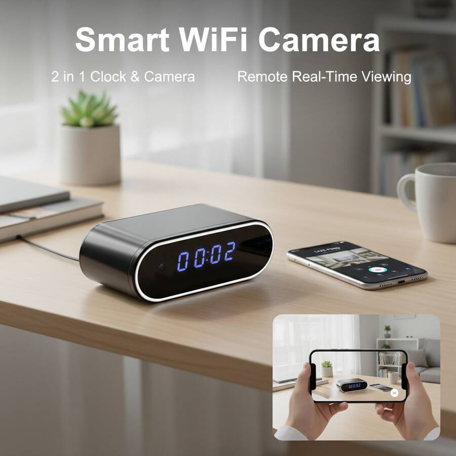Tragbare 2-in-1-Digitaluhr mit Kamera, 1080P FHD WLAN-Kamera, Fernzugriff über WLAN und Hotspot, lokale Aufzeichnung auf SD-Karte (nicht im Lieferumfang enthalten), 2600-mAh-Akku, Nachtsicht, Bewegungserkennung, ideal für Smart Home, geeignet für Zuhause, Büro, Hotel und Geschäft. - nur Kamera - Übersicht 1