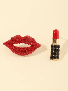 1对女士时尚不对称唇形水钻耳环，适合度假、休闲和日常佩戴 - 口紅耳釘 - 查看 6