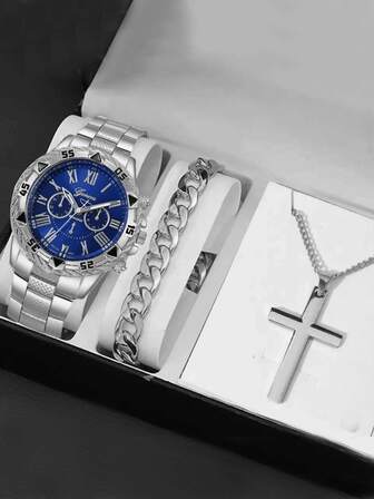 Set de 3 relojes de hombre de cuarzo con cristal azul, correa de acero, reloj multifunción con escala digital de tres ojos