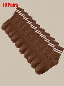 2/5 Pairs Women Slim Striped Mid-Calf Socks - Beige And Brown Striped Pattern, Suitable For Autumn/Winter, Machine Washable, Suitable For Casual And Formal Wear, Cute Socks, Casual Outfit, Fashionable Socks, Comfortable Style, Fashion Enthusiasts, Daily Socks, Fashionable Socks, Durable Material, Fashionable Women, Thick Socks, Fashion Buyers, Formal Wear, Fashionable Stripes, Outdoor Enthusiasts, Striped Pattern, Couple Socks