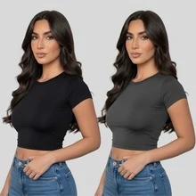 Kit Of 2 Women's Baby Tees - Slim Fit Short Sleeve Blouse - Premium Compression Blouse - BLACK/LEAD - View 1