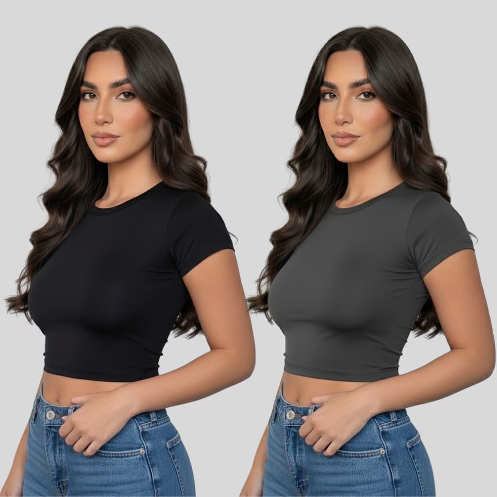 Kit Of 2 Women's Baby Tees - Slim Fit Short Sleeve Blouse - Premium Compression Blouse - BLACK/LEAD - View 1