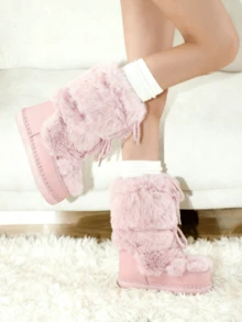 Women's Faux Fur Boots  Fuzzy Fluffy Furry Snow Boots Round Toe With Lace-Up Design Cute Warm Suitable For Christmas Halloween And Winter - 粉色 - 查看 5