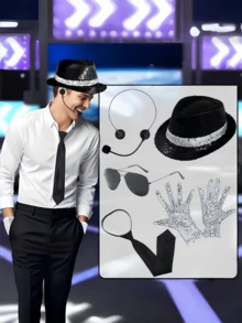 5件套闪亮星星服装配饰/80年代舞者摇滚明星/化装舞会化妆配饰，包括亮片帽、手套、领带、装饰镜、麦克风、流行天王、成人嘉年华/80年代主题派对 - 彩色 - 查看 1