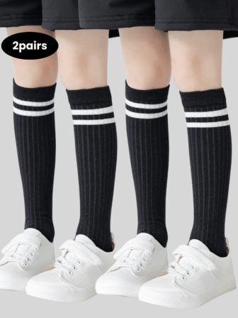 2 Pairs Kids Socks With Stripe Pattern, Seamless Long Tube Design, Suitable For 3-12 Years Old Boys & Girls, Great For Daily Wear And School Use
