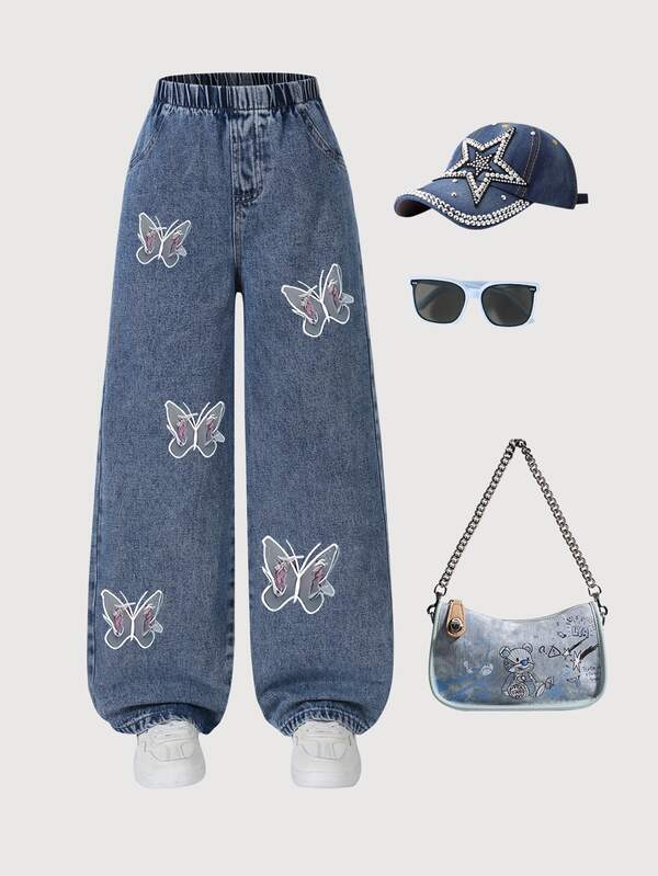 1pc Girls Casual Street Style Comfortable Butterfly Print Pattern Denim Jeans, Suitable For Spring/Autumn