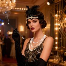 Bộ 4 phụ kiện đội đầu theo chủ đề tiệc tùng cổ điển Gatsby thập niên 1920, Phụ kiện băng đô lông vũ Flapper cho tiệc hóa trang thập niên 20 sôi động, tiệc tối trang trọng - A - Xem 2