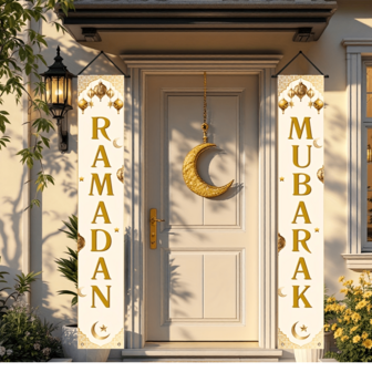 2D Ramadan Mubarak dörrbanderoll - Elegant polyester välkomstflagga med halvmåne och stjärnor, lämplig för inomhus-/utomhusdekoration, perfekt för hemingång, veranda och trädgård, Ramadandekor