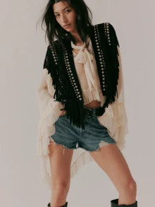 Women Tassel Vest Y2K Sleeveless Fringe Wide Eyes Suede Collar Shawl Open Front Boho Western Jacket Cardigan - 黑色 - 查看 2
