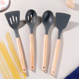 2 Packs Silicone Cooking Spatula, Heat Resistant Solid Turner, Non Stick Slotted Spatulas With Wooden Handle, Kitchen Utensils Set For Frying, Baking Flipping(White)