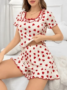 Women's Summer Heart Print Ruffle Trim Contrast Color Square Neck Short Sleeve Top And Shorts Set - Casual, Minimalist, Sweet, Fashionable 2-Piece Outfit - Multicolor - View 1