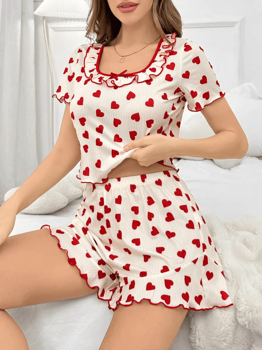 Women's Summer Heart Print Ruffle Trim Contrast Color Square Neck Short Sleeve Top And Shorts Set - Casual, Minimalist, Sweet, Fashionable 2-Piece Outfit - Multicolor - View 1