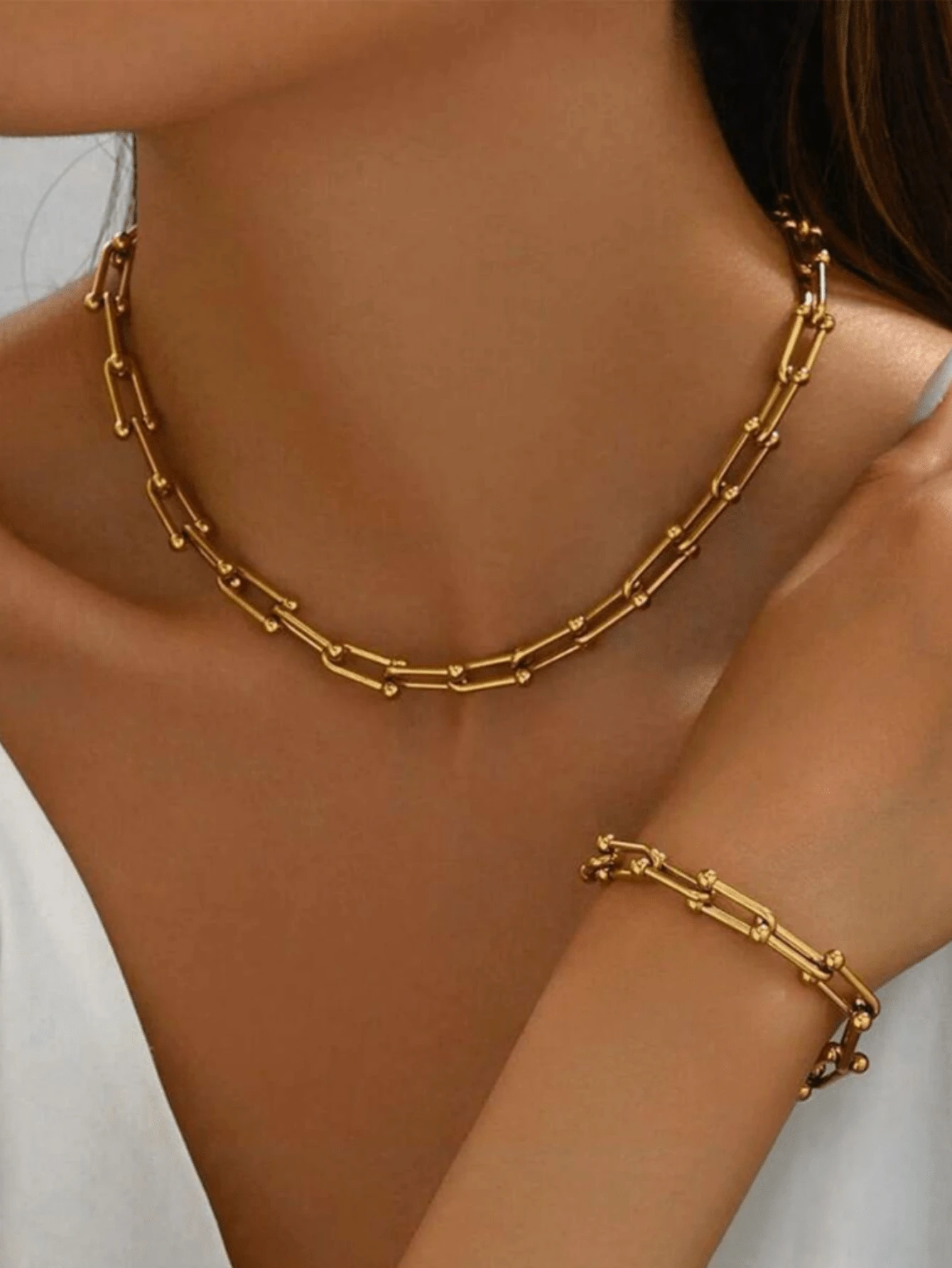 1 Set 316L Stainless Steel Gold Chunky Chain Necklace & Bracelet Women's New Horseshoe Clasp Fashion Jewelry Set, Suitable For Daily Wear
