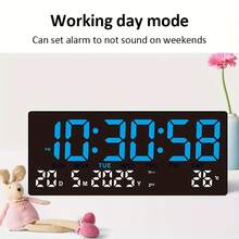 14.17 Inches Long, 6.3 Inches Wide, 1.38 Inches High, LED HD Large Screen Smart Electronic Clock, Multifunctional Desk Clock For Home, Office, Student, Displaying Time/Date/Week/Temperature On The Same Screen - Multicolor - View 6