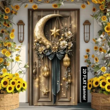 The 2D Door Flag Party Banner Is Made Of Exquisite Polyester And Features A Ramadan Golden Lantern Design, Making It Suitable For Both Indoor And Outdoor Decoration At The Entrance Of The Courtyard. - Gold - View 2