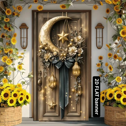 The 2D Door Flag Party Banner Is Made Of Exquisite Polyester And Features A Ramadan Golden Lantern Design, Making It Suitable For Both Indoor And Outdoor Decoration At The Entrance Of The Courtyard.