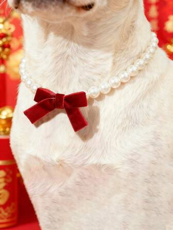 天鹅绒蝴蝶结珍珠项链宠物配饰，经典派对节日装饰，适合猫狗