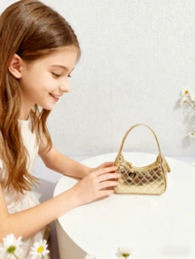 儿童菱形压花图案女童手提包，节日礼物，时尚公主迷你钱包，小巧包包，金/银/白新月形迷你包 - 均碼 - 查看 4