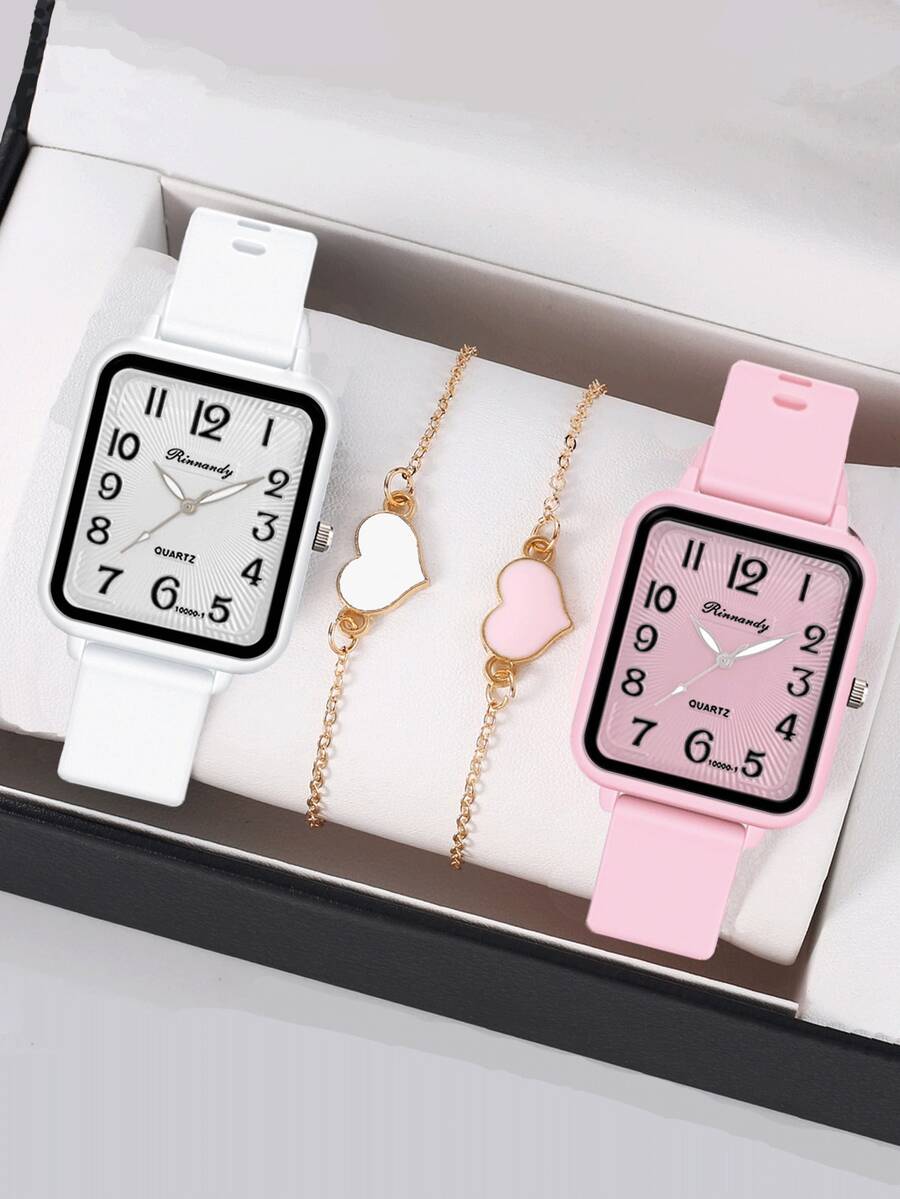 4pcs/Set Fashionable Minimalist Silicone Watch Strap, Women's Square Dial Quartz Watch, Student Casual
