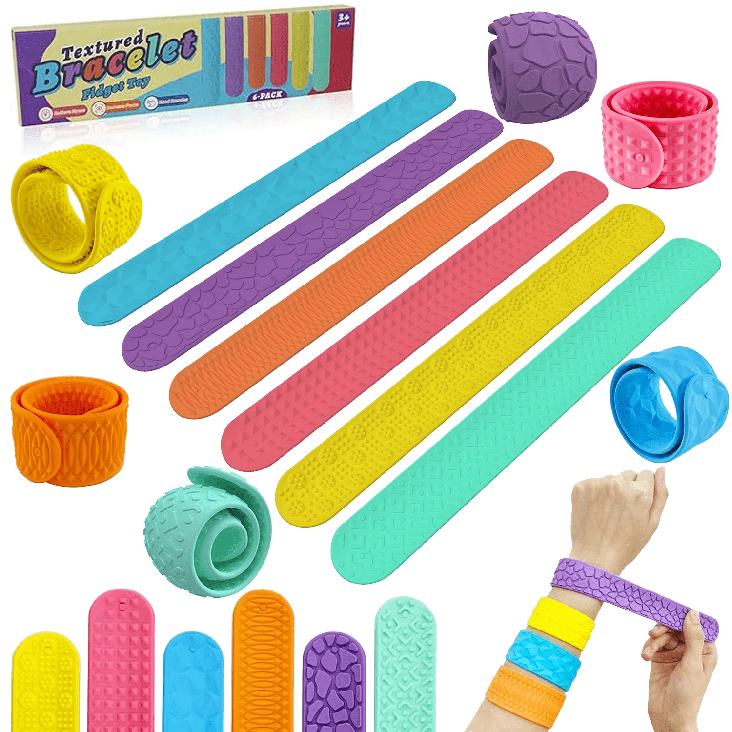 Conjunto de 6 pulseiras antiestresse - Adequadas para crianças e adultos - Pulseiras com textura tátil - Brinquedos antiestresse de silicone, pulseiras para lembrancinhas de festa infantil (formatos e cores sortidas) - Multicolorido - Ver 1