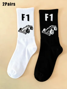 1/2 Pair Men's Crew Socks With F1 Racing Car Pattern, Interesting And Personalized, Great Christmas Gift For Men - Multicolor - View 8