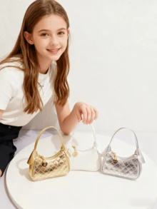 儿童菱形压花图案女童手提包，节日礼物，时尚公主迷你钱包，小巧包包，金/银/白新月形迷你包 - 均碼 - 查看 1