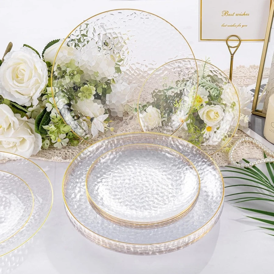 10pcs Transparent Hammered Gold Rim Plates, Salad Plates - Includes 10pcs 10.25 Inch Plates Or 10pcs 7.5 Inch Plates, Essential For Dinner, Dessert, Party, Wedding - Clear - View 1