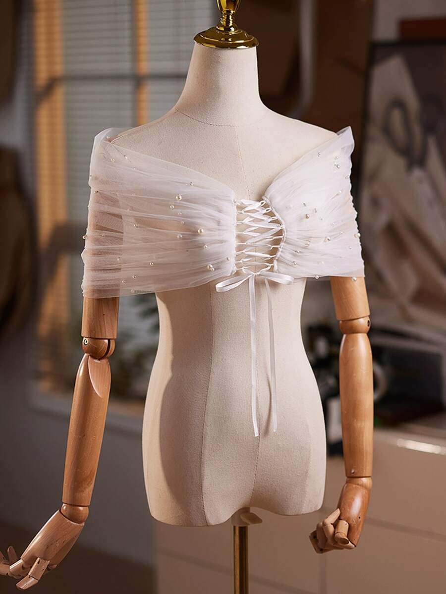 1pc Women's Double Layer Faux Pearl Tulle Bridal Shawl, Strapless Slim Fit Shawl Accessory, Adjustable Off Shoulder Versatile Faux Pearl Shawl