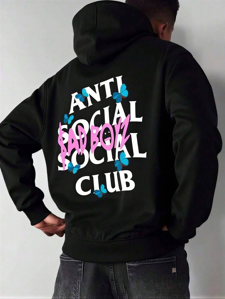 Envío dentro del país | Sudadera con Capucha negra, Diseño Relajado con Estampado, Bolsillos Espaciosos, Perfecta para Otoño e Invierno, Casual y Abrigada - Negro - Ver 1