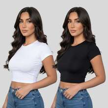 Kit Of 2 Women's Baby Tees - Slim Fit Short Sleeve Blouse - Premium Compression Blouse - WHITE/BLACK - View 1
