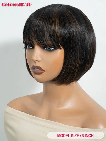 QVR QUEEN VIRGIN REMY QVR Remy真人发短发假发，带刘海，直发造型，女士精灵短假发，无胶无蕾丝，即戴即用，全手工编织假发