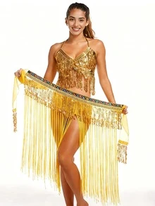 Sequined And Tassel Belly Dance Costume Set, Sexy V-Neck Performance Top + Tassel Hip Scarf Waist Embellishment, Adult Stage Performance Costume (Multiple Colors Available). - Multicolor - View 14