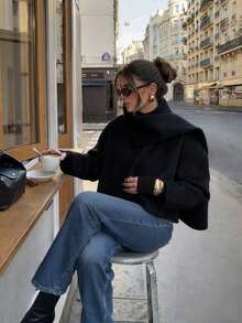 Chaqueta de lana de doble cara de alta calidad con cuello de bufanda, de manga larga y color negro sólido, para otoño/invierno - Negro - Ver 1