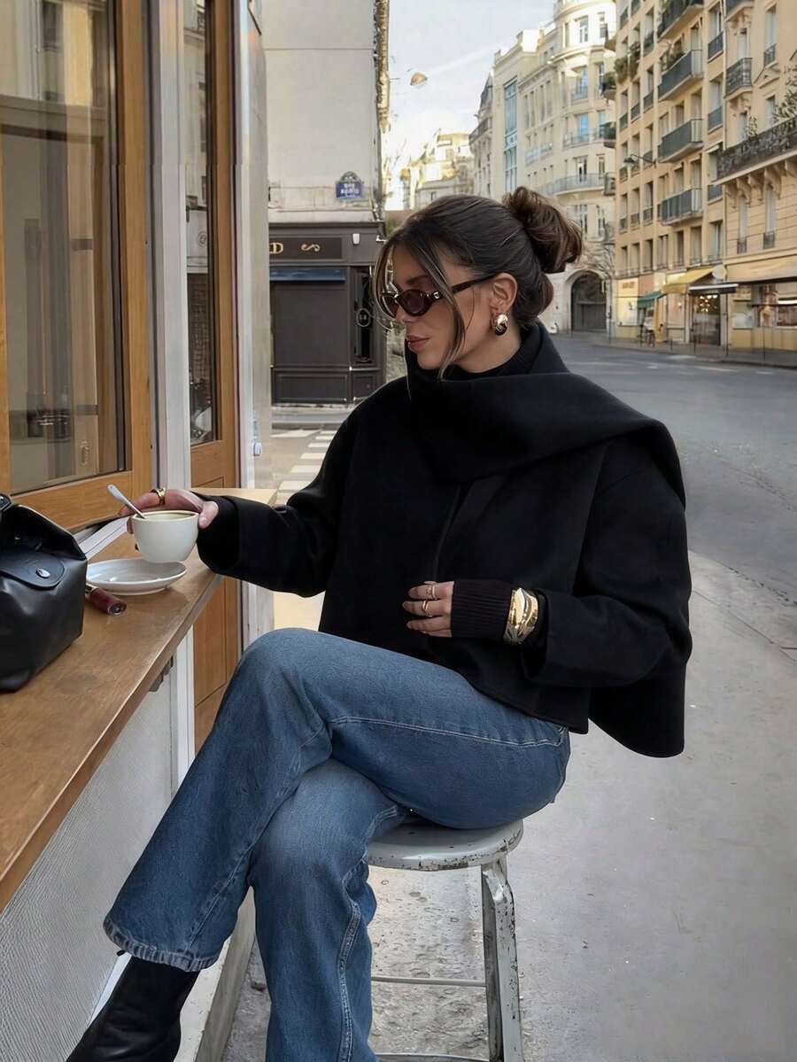 Chaqueta de lana de doble cara de alta calidad con cuello de bufanda, de manga larga y color negro sólido, para otoño/invierno - Negro - Ver 1