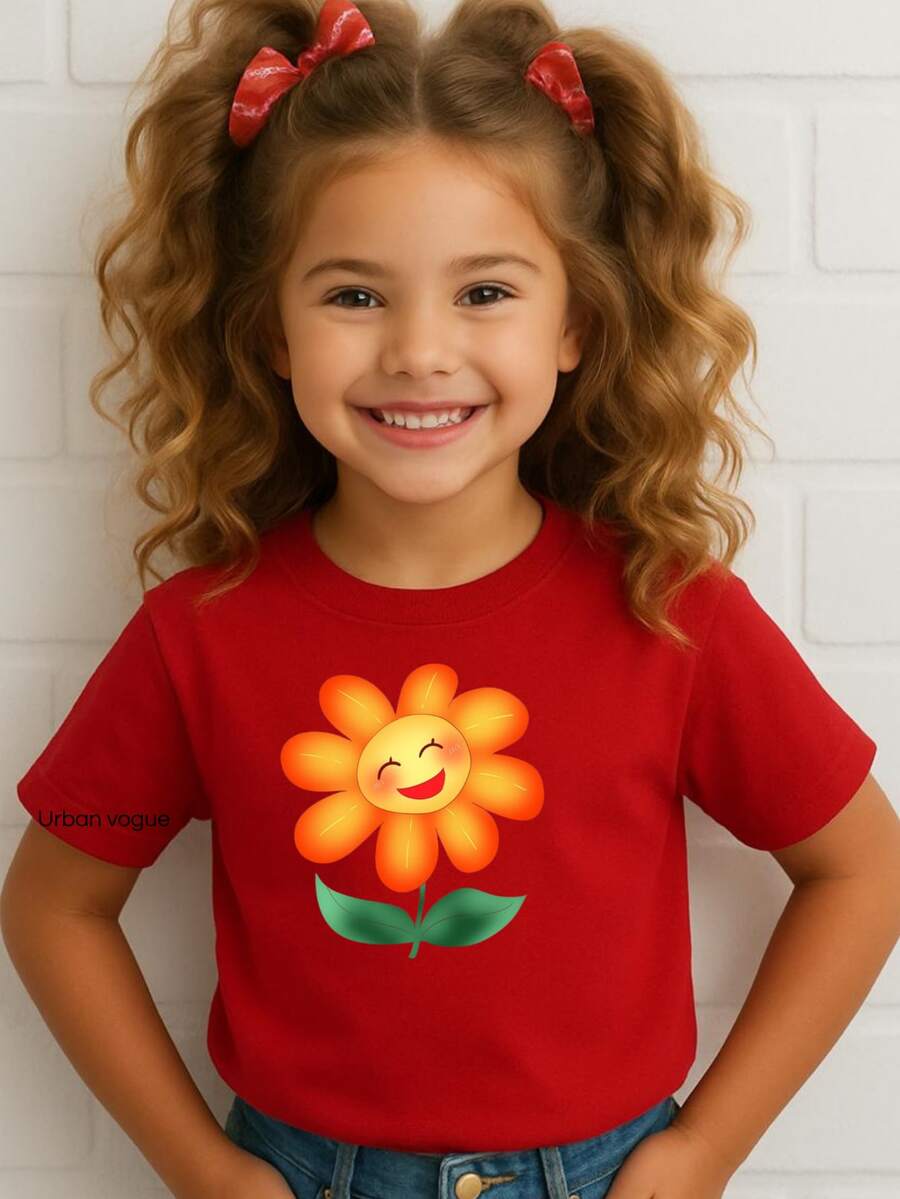 Girls' T-Shirt With Smiling Orange Flower, Size 5. - Merah - View 1