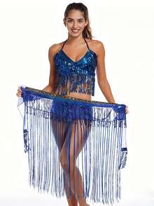 Sequined And Tassel Belly Dance Costume Set, Sexy V-Neck Performance Top + Tassel Hip Scarf Waist Embellishment, Adult Stage Performance Costume (Multiple Colors Available). - Multicolor - View 18